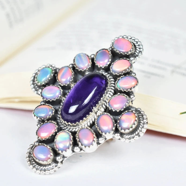 Native American Aurora Opal & Amethyst Cluster Rings - 925 Sterling Silver Rings