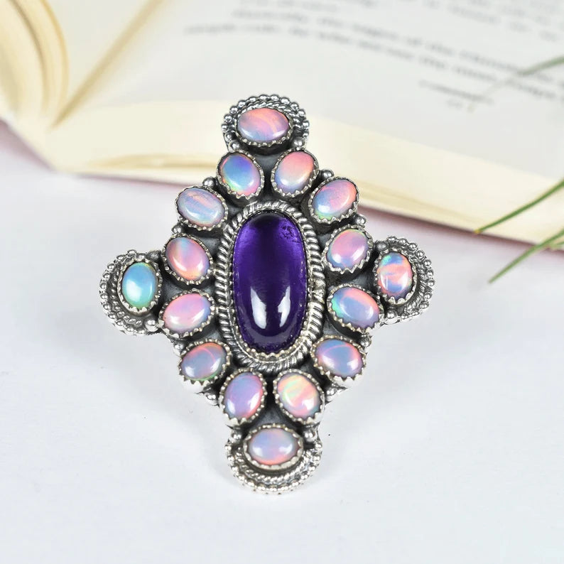 Native American Aurora Opal & Amethyst Cluster Rings - 925 Sterling Silver Rings