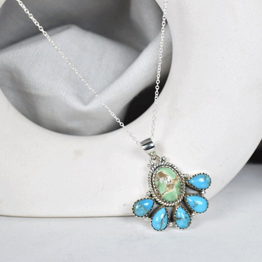 Variscite And Turquoise Western Style Cluster Pendants - 925 Sterling Silver Pendant