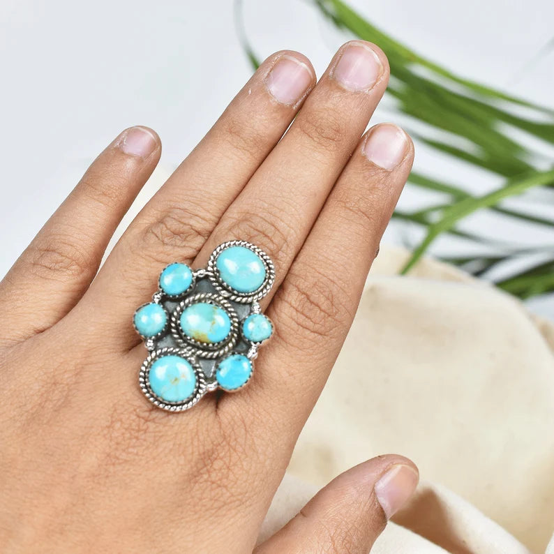 Native American Turquoise Cluster Rings - 925 Sterling Silver Handmade Vintage Rings