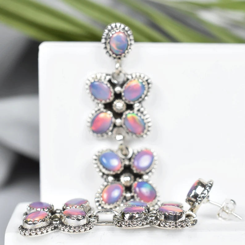 Aurora Opal Cluster Drop Native American 925 Sterling Silver Earrings