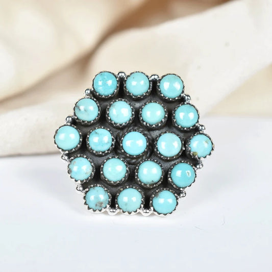 Native American Round Cut Turquoise Cluster Rings - 925 Sterling Silver Handmade Vintage Rings