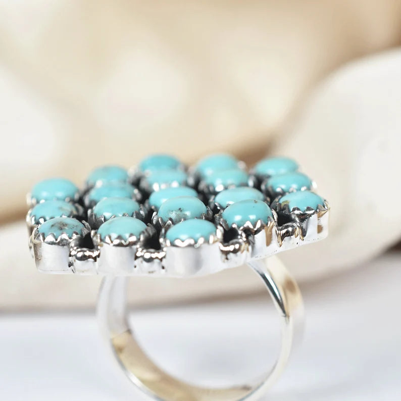 Native American Round Cut Turquoise Cluster Rings - 925 Sterling Silver Handmade Vintage Rings