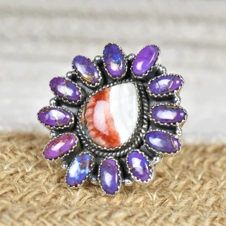Native American Spiny Oyster & Purple Copper Turquoise 925 Sterling Silver Rings