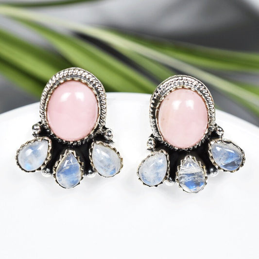 Native American Pink Opal And Rainbow Moonstone Cluster Earrings For Women - 925 Sterling Silver Earrings