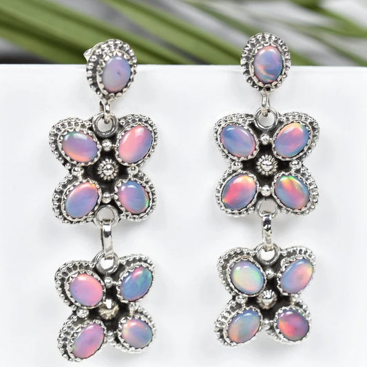 Aurora Opal Cluster Drop Native American 925 Sterling Silver Earrings
