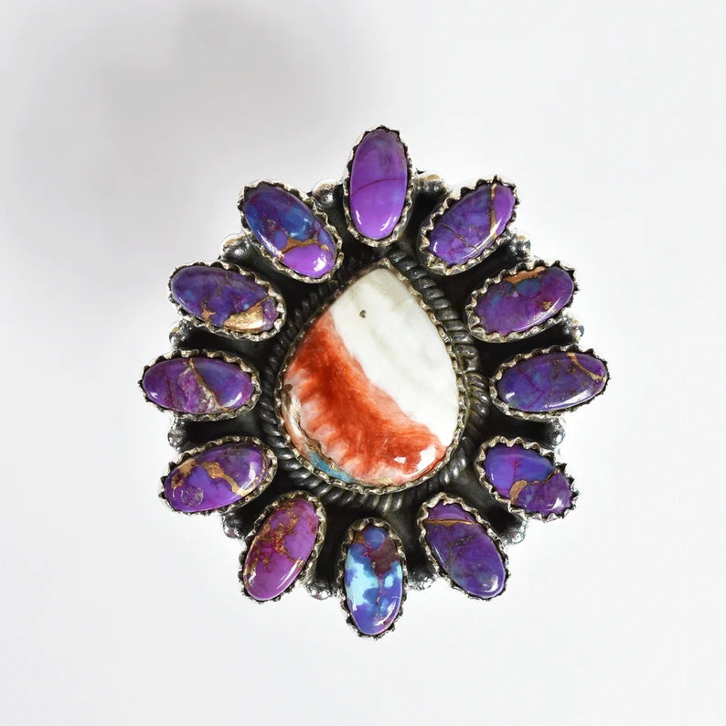 Native American Spiny Oyster & Purple Copper Turquoise 925 Sterling Silver Rings