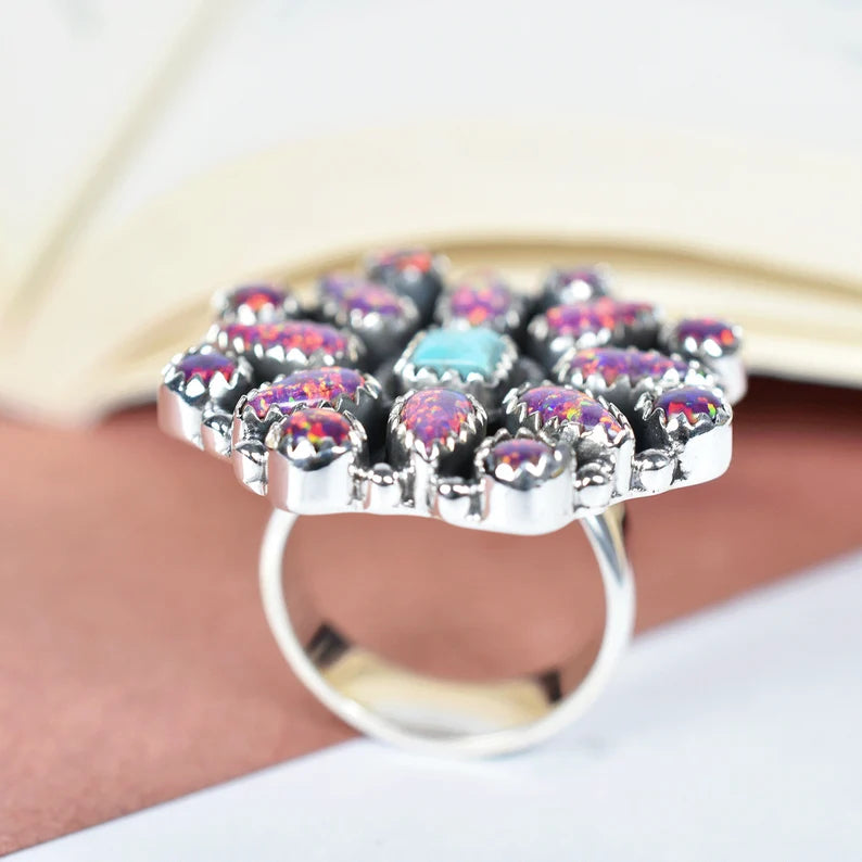 Native American Purple Bello Opal & Turquoise Cluster Rings - 925 Sterling Silver Handmade Vintage Rings