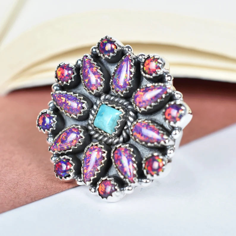 Native American Purple Bello Opal & Turquoise Cluster Rings - 925 Sterling Silver Handmade Vintage Rings