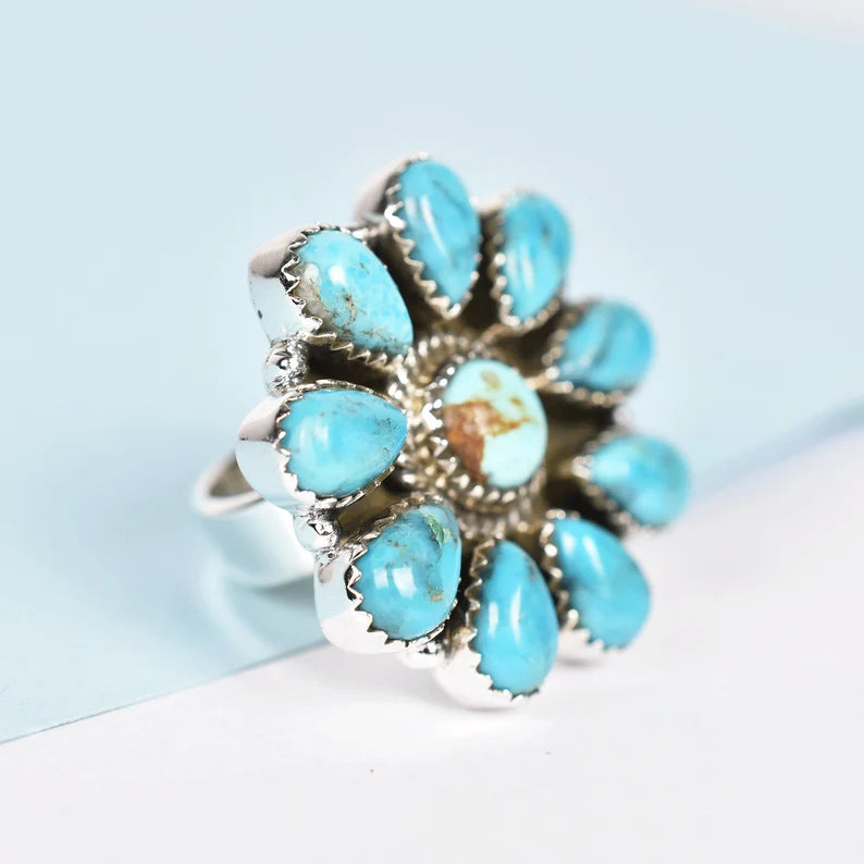 Native American Turquoise Cluster 925 Sterling Silver Handmade Vintage Rings