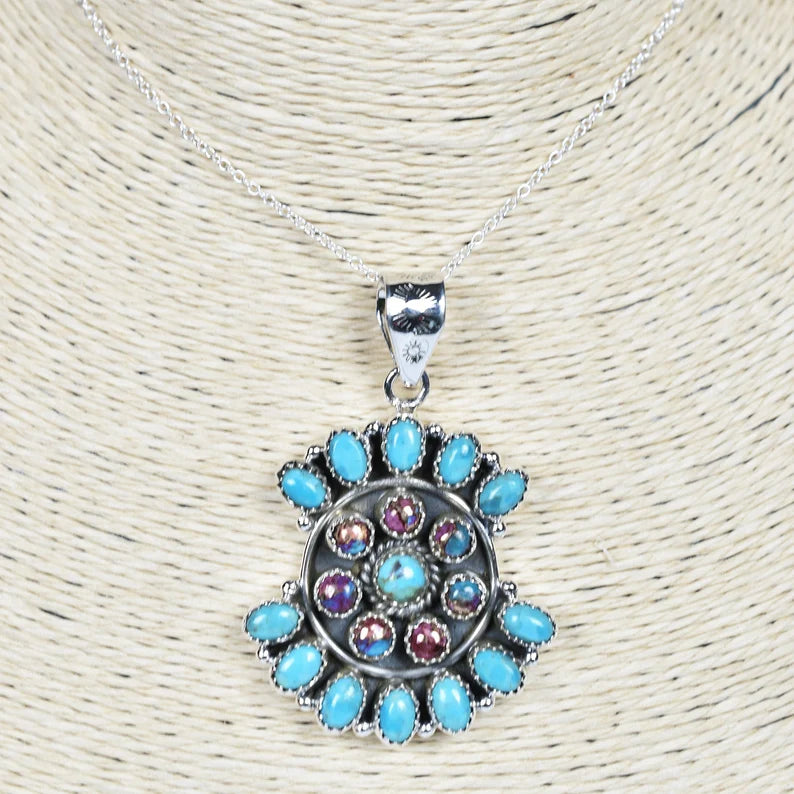 Vintage Pink Copper Turquoise & Mohave Turquoise 925 Sterling Silver Pendant