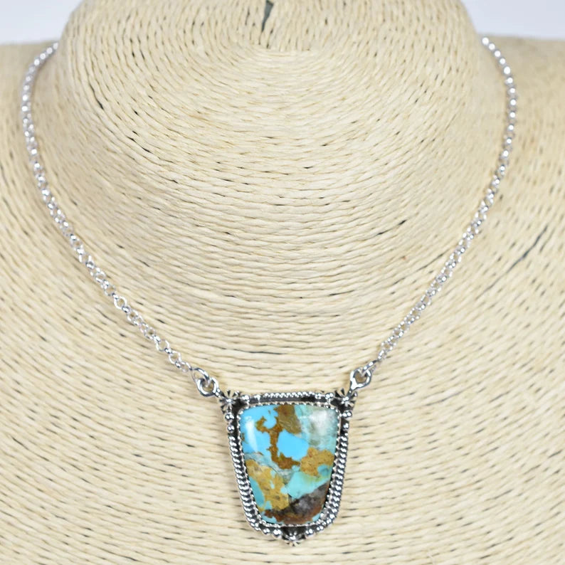 Vintage Mohave Turquoise Boho Pendant - 925 Sterling Silver Native American Pendant