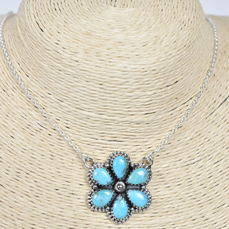 Vintage Turquoise Cluster Pendant - 925 Sterling Silver Southwestern Style Pendant