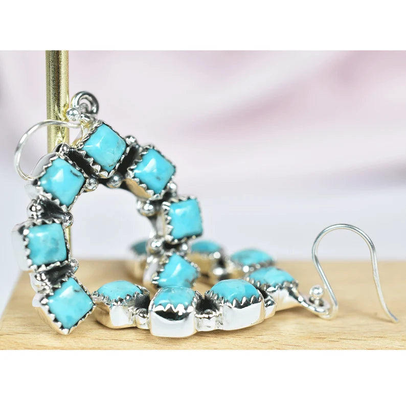 Turquoise Cluster Drop Native American 925 Sterling Silver Earrings
