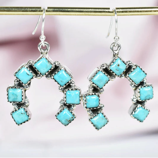 Turquoise Cluster Drop Native American 925 Sterling Silver Earrings