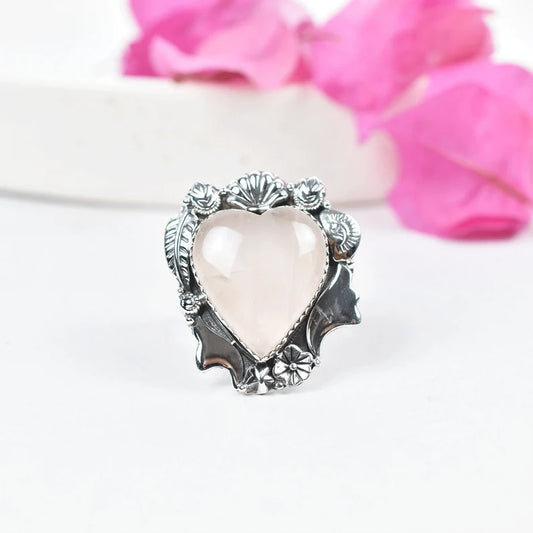 Vintage Large Heart Cut Rose Quartz Cocktail Ring - 925 Sterling Silver Rings