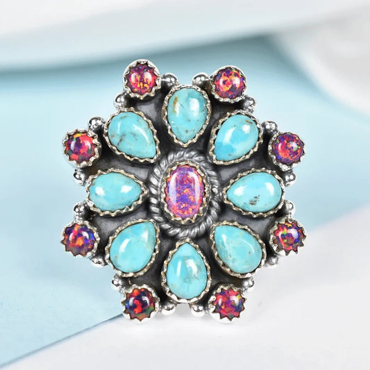 Turquoise & Bello Opal Floral Shaped Cluster Rings - 925 Sterling Silver Native American Rings