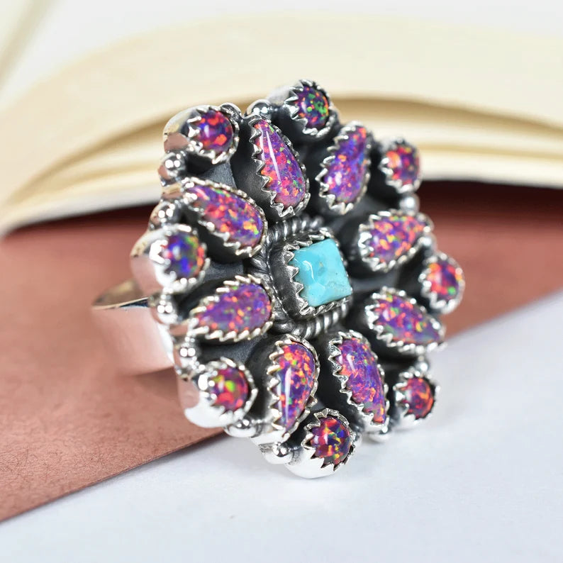 Native American Purple Bello Opal & Turquoise Cluster Rings - 925 Sterling Silver Handmade Vintage Rings