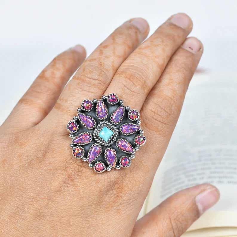 Native American Purple Bello Opal & Turquoise Cluster Rings - 925 Sterling Silver Handmade Vintage Rings