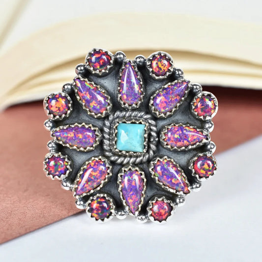 Native American Purple Bello Opal & Turquoise Cluster Rings - 925 Sterling Silver Handmade Vintage Rings
