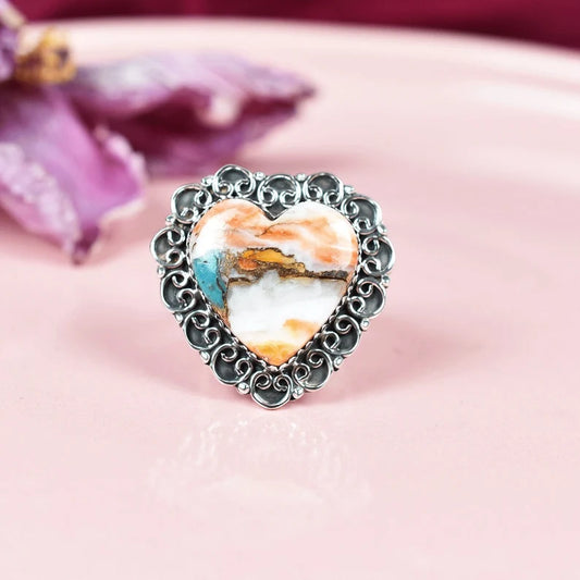 Vintage Large Heart Cut Spiny Turquoise Cocktail Ring - 925 Sterling Silver Native American Rings