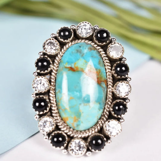 Native American Elongated Turquoise ,Zirconia & Black Onyx Cluster Ring - 925 Sterling Silver Handmade Vintage Ring