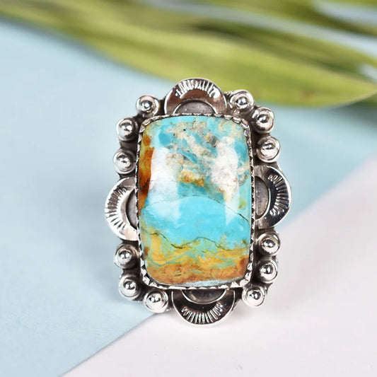 Native American Large Turquoise Cocktail Ring - 925 Sterling Silver Handmade Vintage Ring