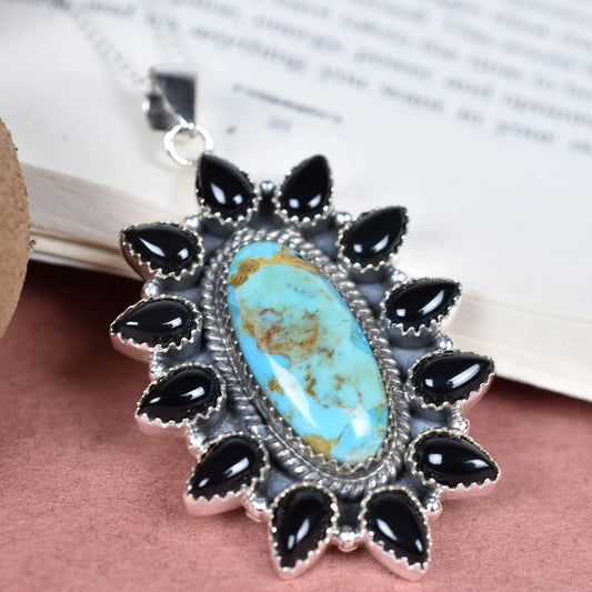 Vintage  Mohave Turquoise & Black Onyx 925 Sterling Silver Native American Pendant