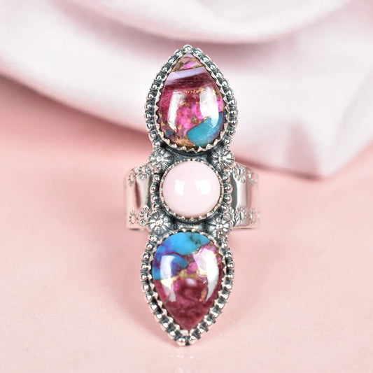 Vintage Pink Copper Turquoise & Pink Opal Three Stone Ring - 925 Sterling Silver Native American Rings