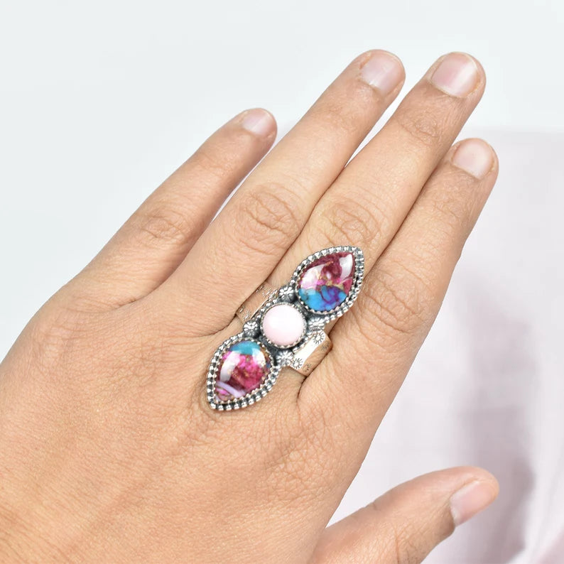 Vintage Pink Copper Turquoise & Pink Opal Three Stone Ring - 925 Sterling Silver Native American Rings