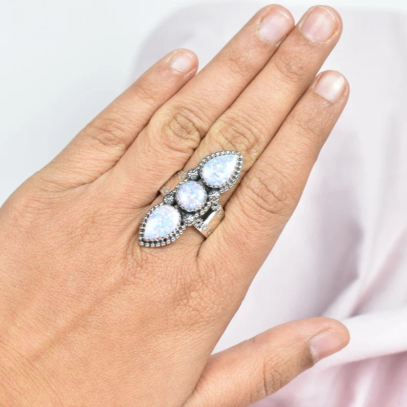 Vintage Blue Sparkling Opal Three Stone Ring - 925 Sterling Silver Native American Rings