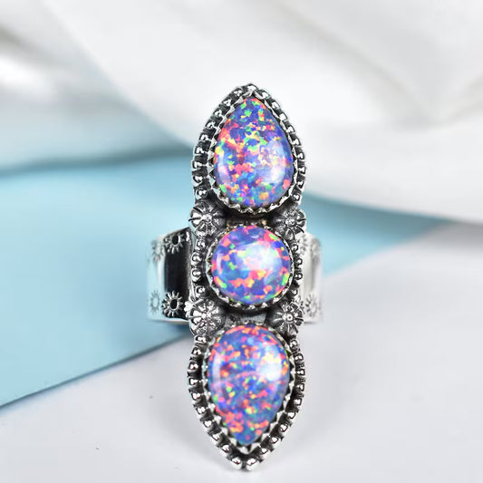 Vintage Sparkling Purple Opal Southwestern Style Ring - 925 Sterling Silver Native American Rings