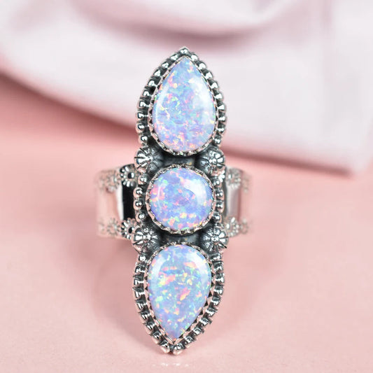 Vintage Blue Sparkling Opal Three Stone Ring - 925 Sterling Silver Native American Rings