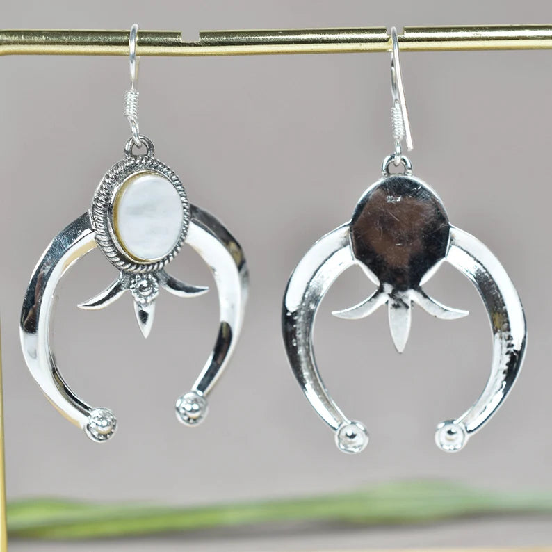 Native American Crescent Moon Rainbow Moonstone Earrings - 925 Sterling Silver Southwestern Style Earrings