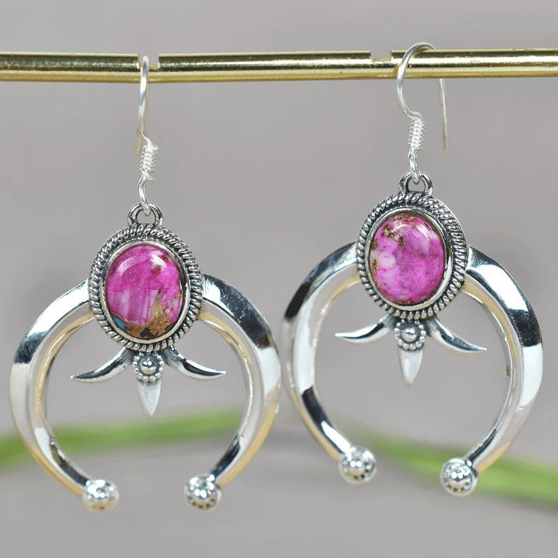 Native American Crescent Moon Pink Dahlia Turquoise 925 Sterling Silver Earrings