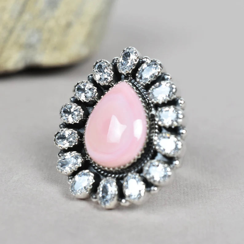Native American Pink Conch Shell & Cubic Zirconia 925 Sterling Silver  Rings