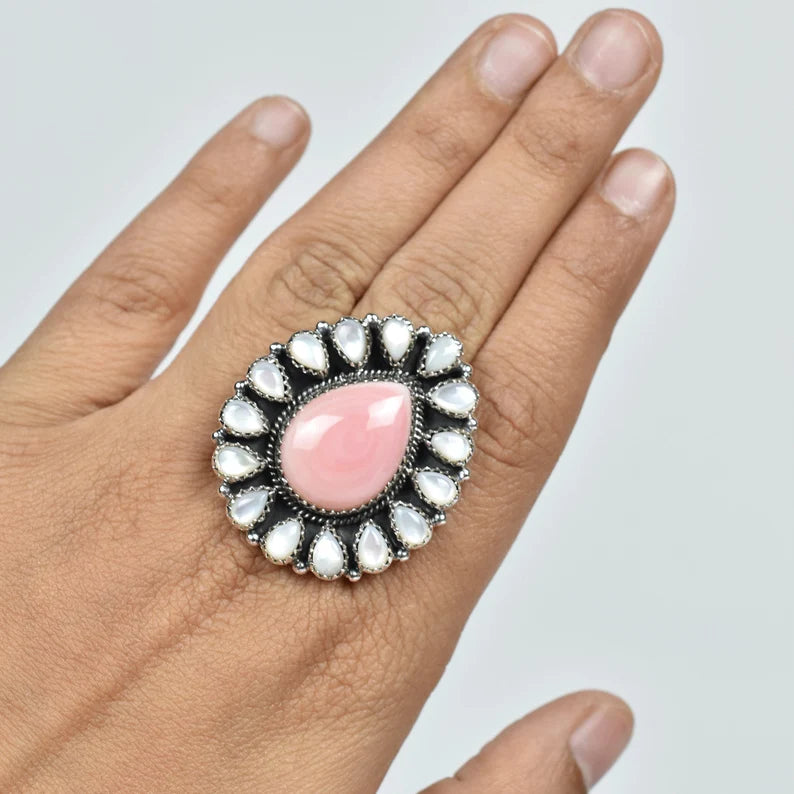 Native American Pink Conch Shell & White Pearl 925 Sterling Silver Rings