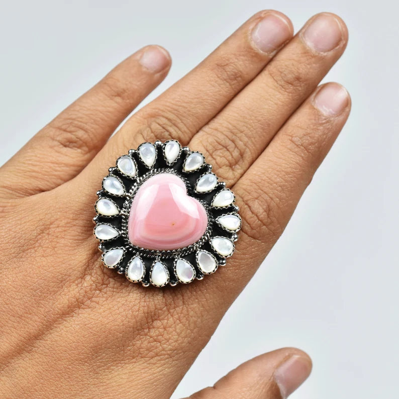 Native American Pink Conch Shell & White Pearl Cluster Rings - 925 Sterling Silver Handmade Vintage Rings