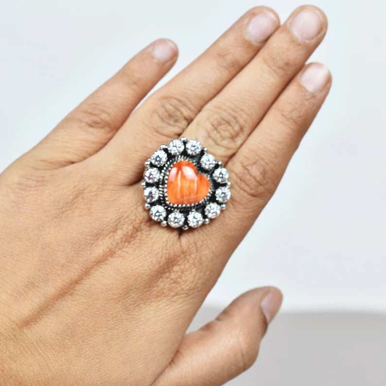 Native American Heart Cut Orange Coral And Cubic Zirconia Cluster Rings - 925 Sterling Silver Handmade Vintage Rings