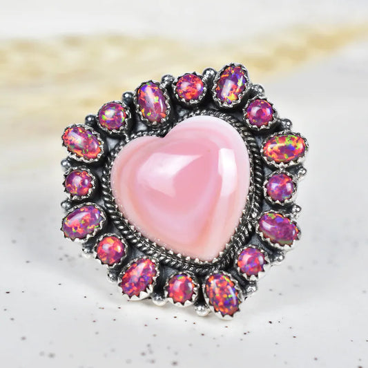 Natural Heart Cut Pink Conch Shell & Sparkling Opal Cluster Ring - 925 Sterling Silver Native American Rings