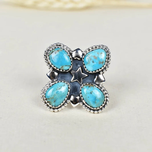 Native American Mohave Turquoise Cluster Rings - 925 Sterling Silver Handmade Vintage Rings