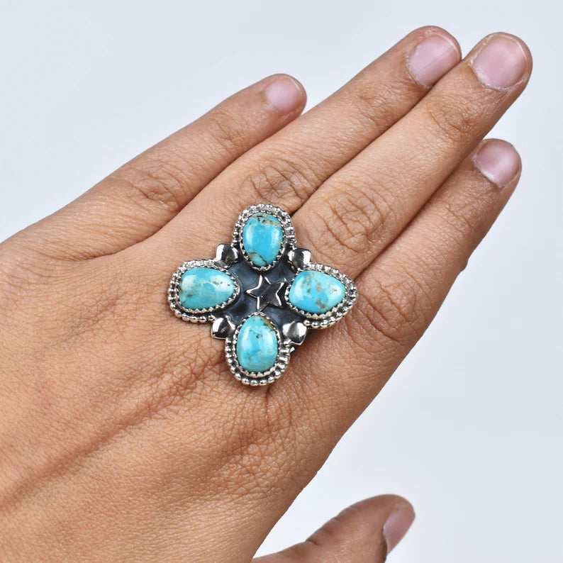 Native American Mohave Turquoise Cluster Rings - 925 Sterling Silver Handmade Vintage Rings