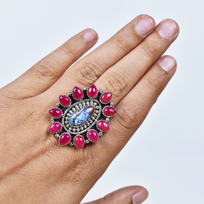 Native American Pink Onyx And Purple Copper Turquoise Cluster Rings - 925 Sterling Silver Handmade Vintage Rings