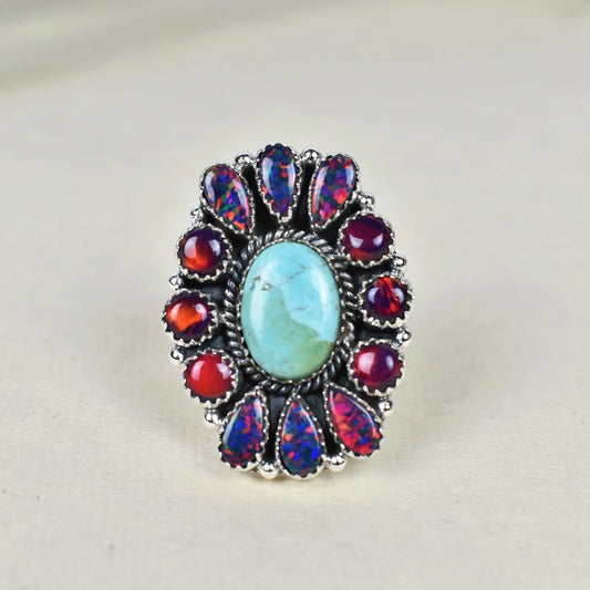 Native American Mohave Turquoise And Aurora Opal Cluster Rings - 925 Sterling Silver Handmade Vintage Rings