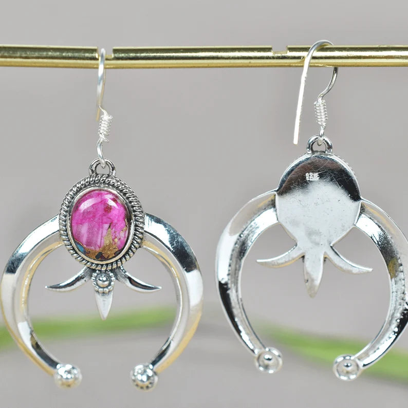 Native American Crescent Moon Pink Dahlia Turquoise 925 Sterling Silver Earrings
