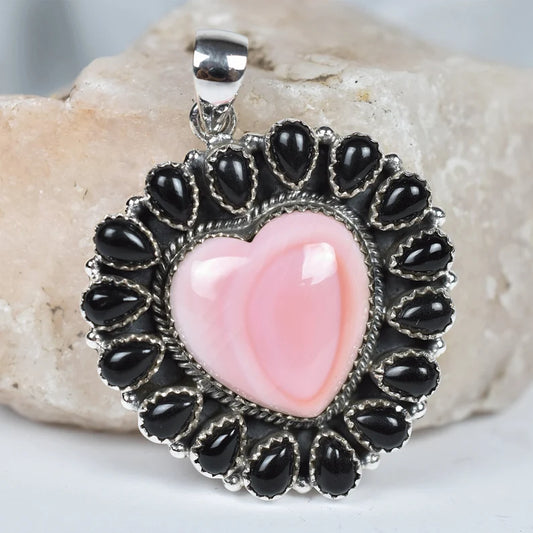 Vintage Pink Conch Shell & Black Onyx Cluster Pendant - 925 Sterling Silver Southwestern Style Pendant