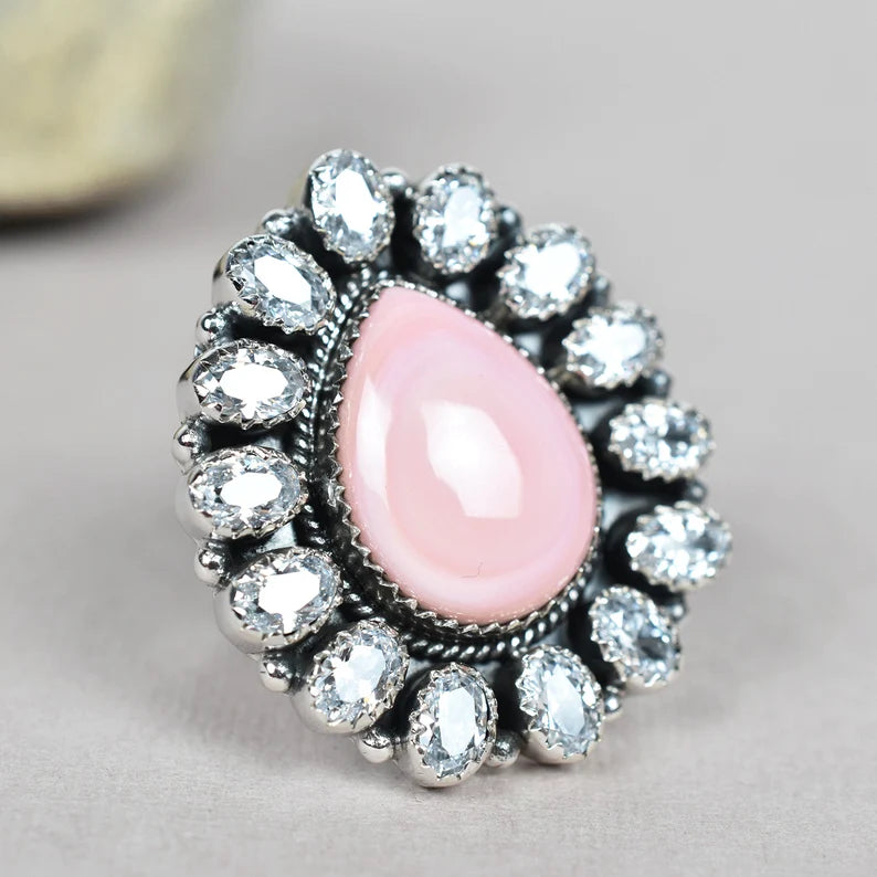 Native American Pink Conch Shell & Cubic Zirconia 925 Sterling Silver  Rings