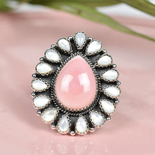 Native American Pink Conch Shell & White Pearl 925 Sterling Silver Rings