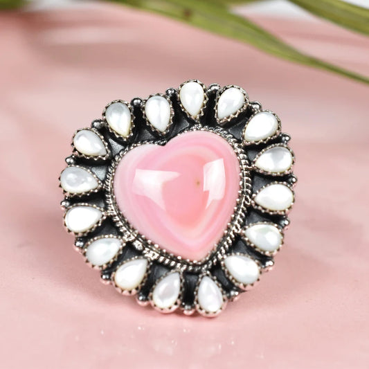 Native American Pink Conch Shell & White Pearl Cluster Rings - 925 Sterling Silver Handmade Vintage Rings