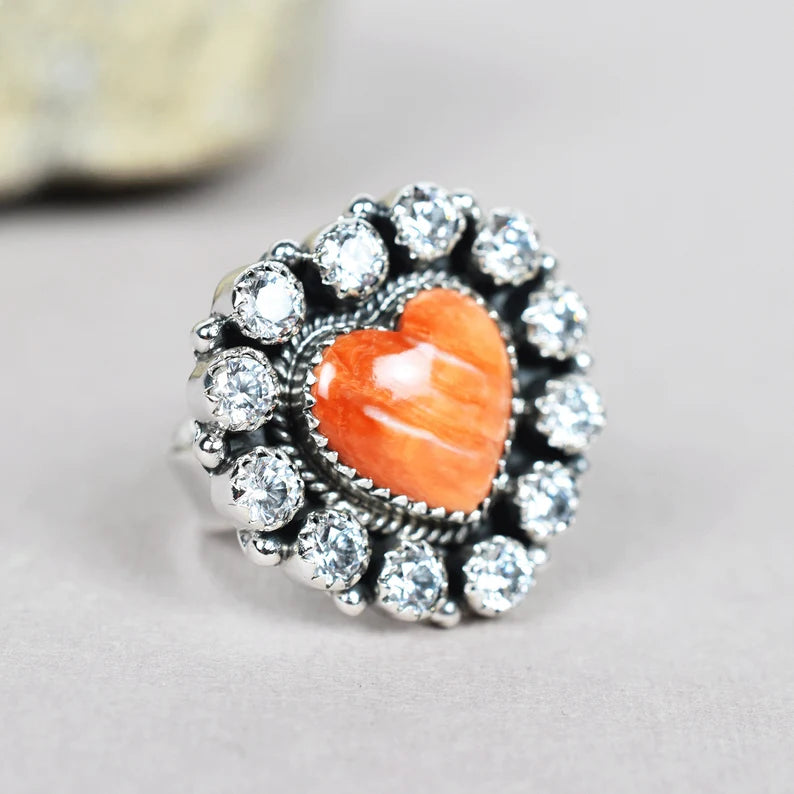 Native American Heart Cut Orange Coral And Cubic Zirconia Cluster Rings - 925 Sterling Silver Handmade Vintage Rings